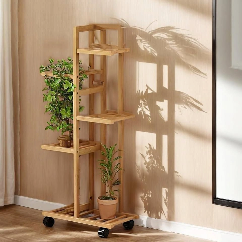 Indoor Bamboo Plant Stand with Wheels