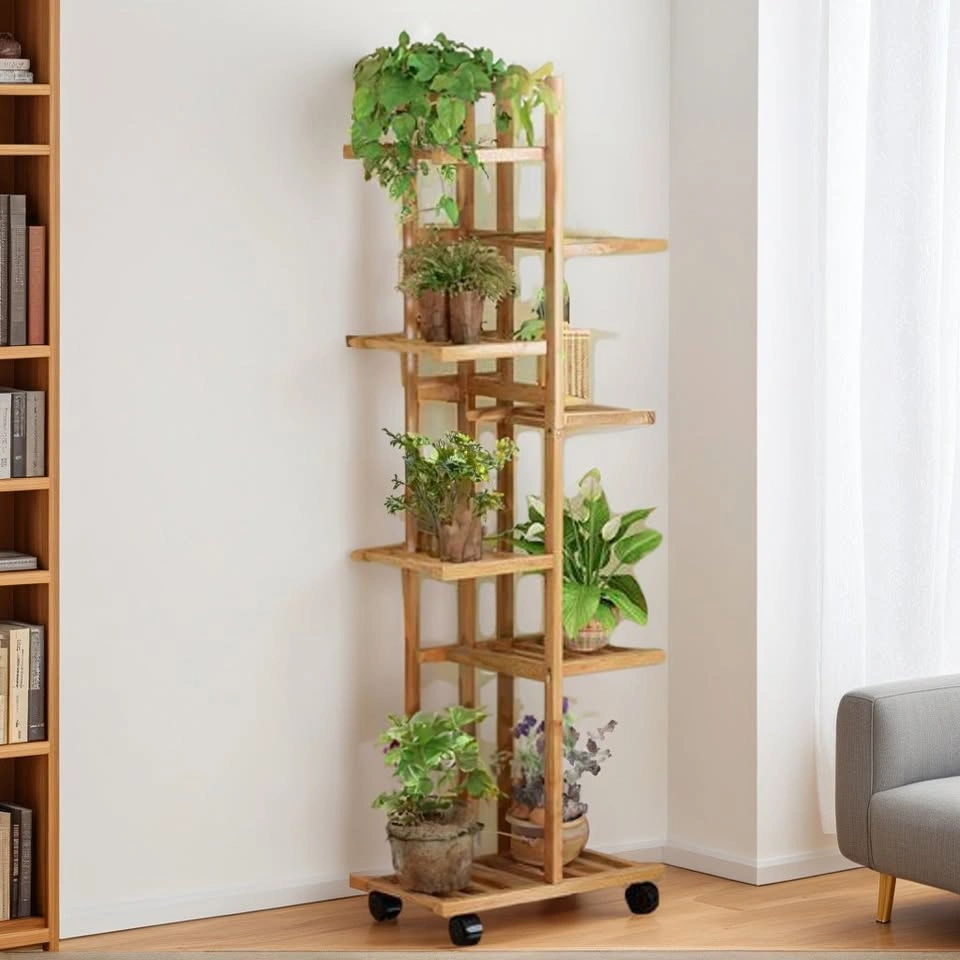 Indoor Bamboo Plant Stand with Wheels - photo 2