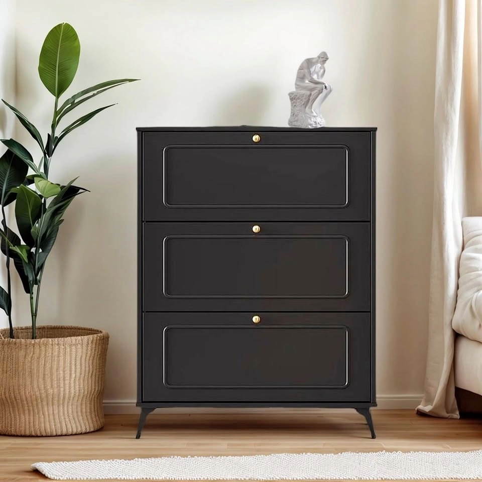 Slim Black Wooden Shoe Cabinet (3 Flip Drawers)