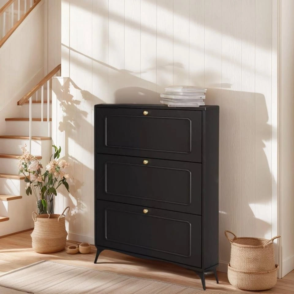 Slim Black Wooden Shoe Cabinet (3 Flip Drawers) - photo 2