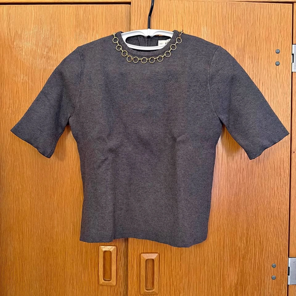 Zara Charcoal Gray Short-Sleeve Top with Gold Chain Detail S