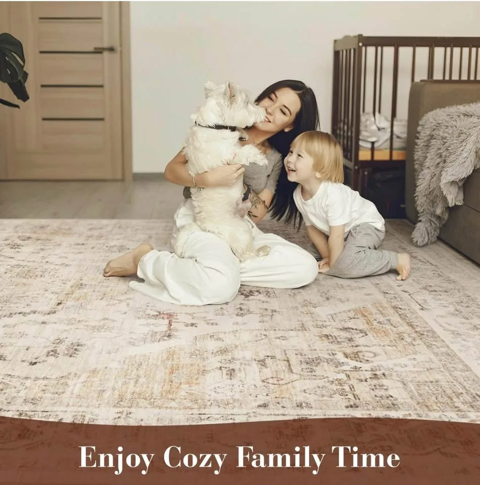 New in box Machine washable area rug 5X7 - beige image indicator(2)