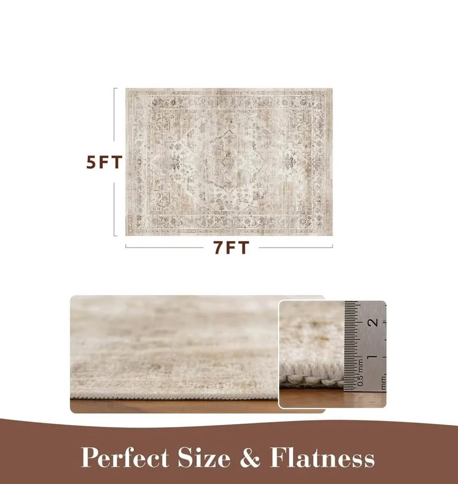 New in box Machine washable area rug 5X7 - beige image indicator(7)