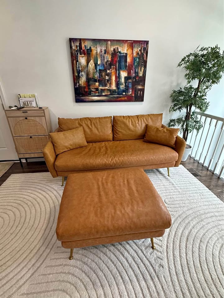 Mid-Century Modern Vegan Leather Sofa + Ottoman