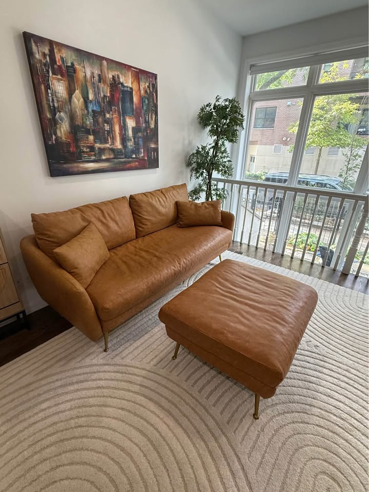 Mid-Century Modern Vegan Leather Sofa + Ottoman - photo 2