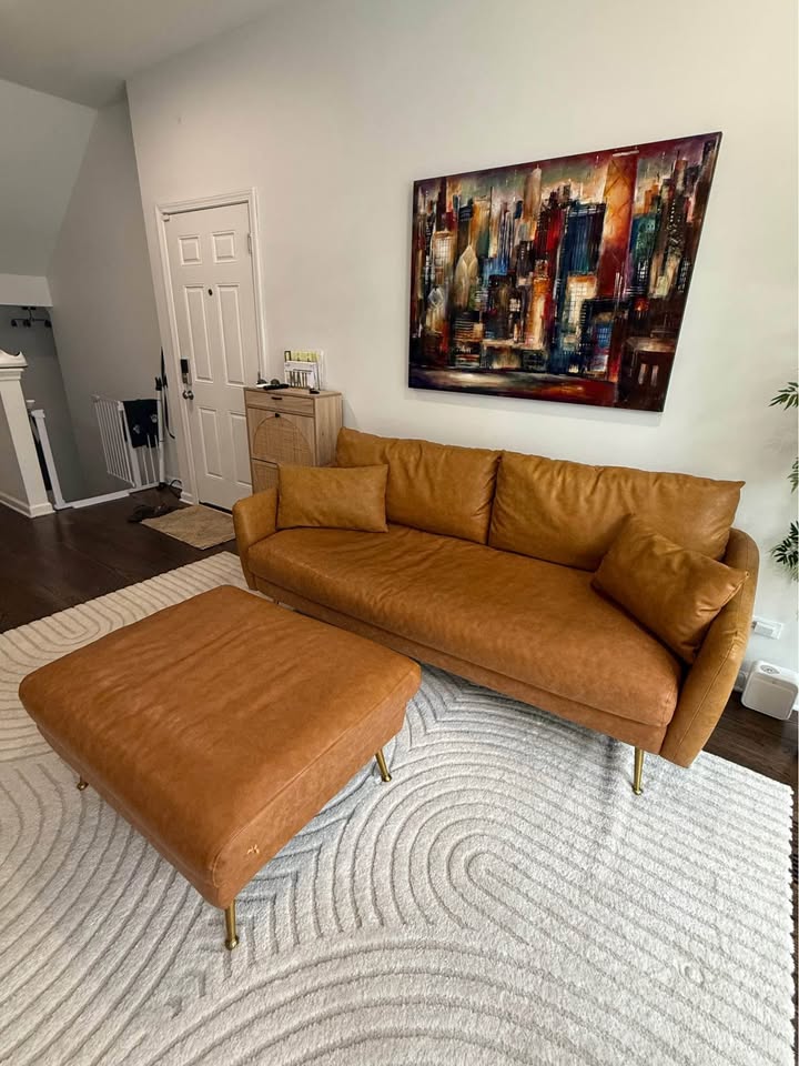Mid-Century Modern Vegan Leather Sofa + Ottoman - photo 3