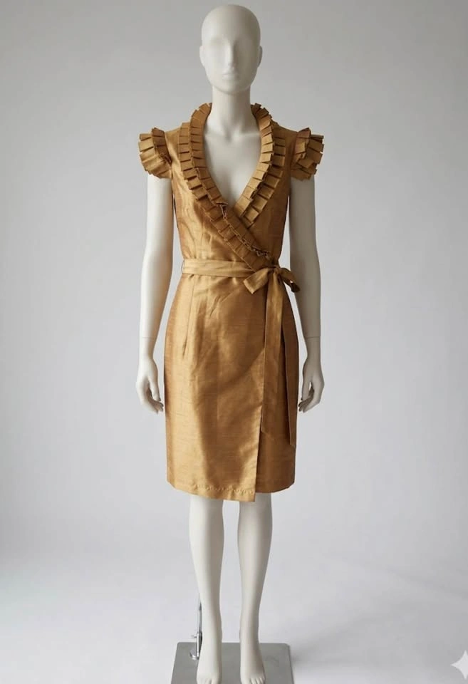Gold Ruffled Wrap Dress XS