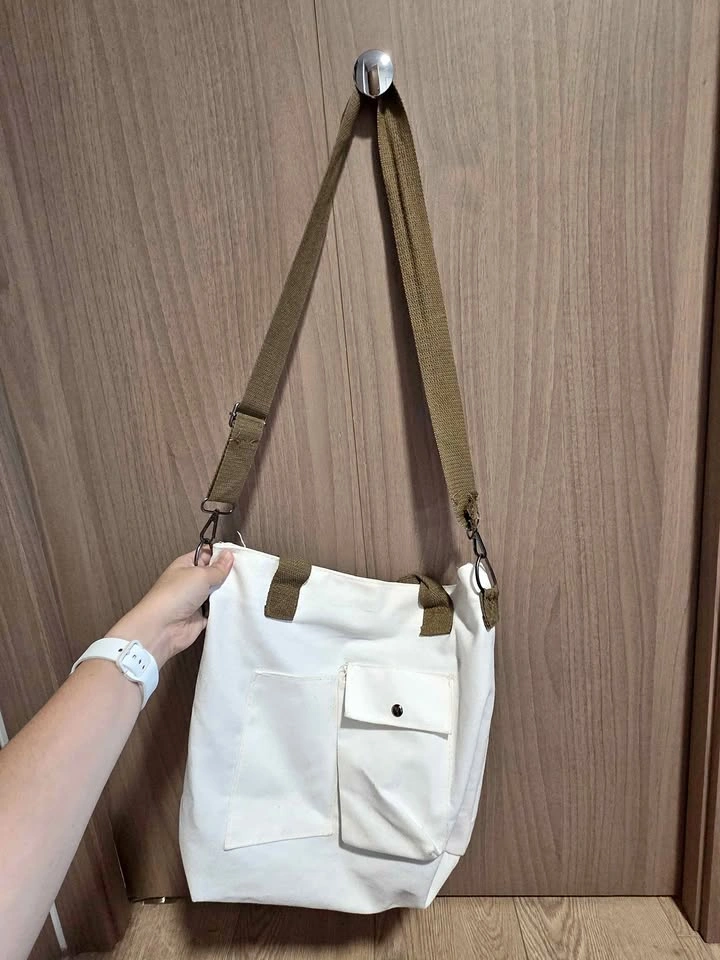 White Canvas Crossbody Tote Bag