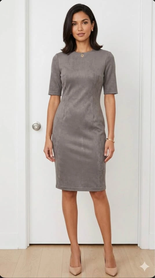 Slim fit, stretchy grey colour knee length dress Size 6 Never wo