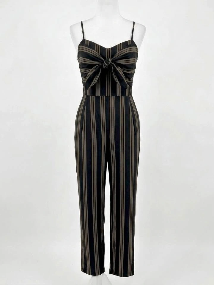 Lush Black & Tan Striped Tie-Front Jumpsuit - Size Large