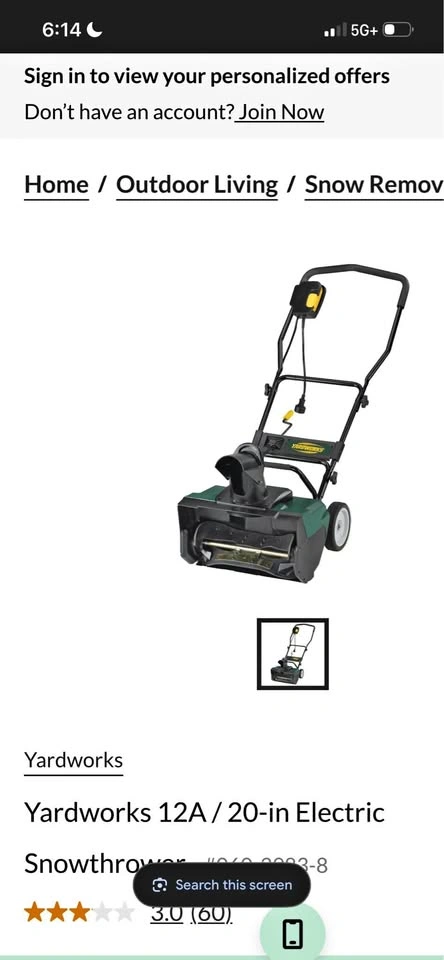 Yardworks 10A Electric Snowthrower, 16-in