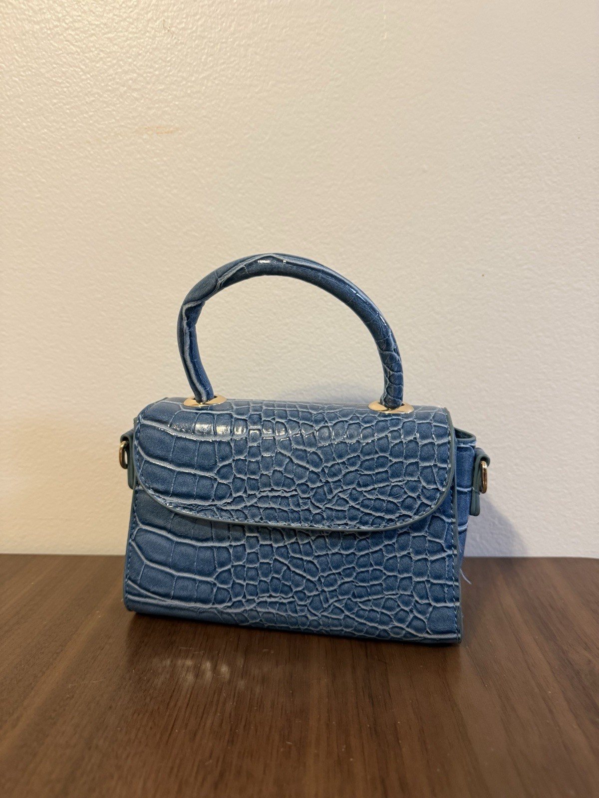 Mini Hand Bag Blue Embossed Croc Leather Cross Body Strap