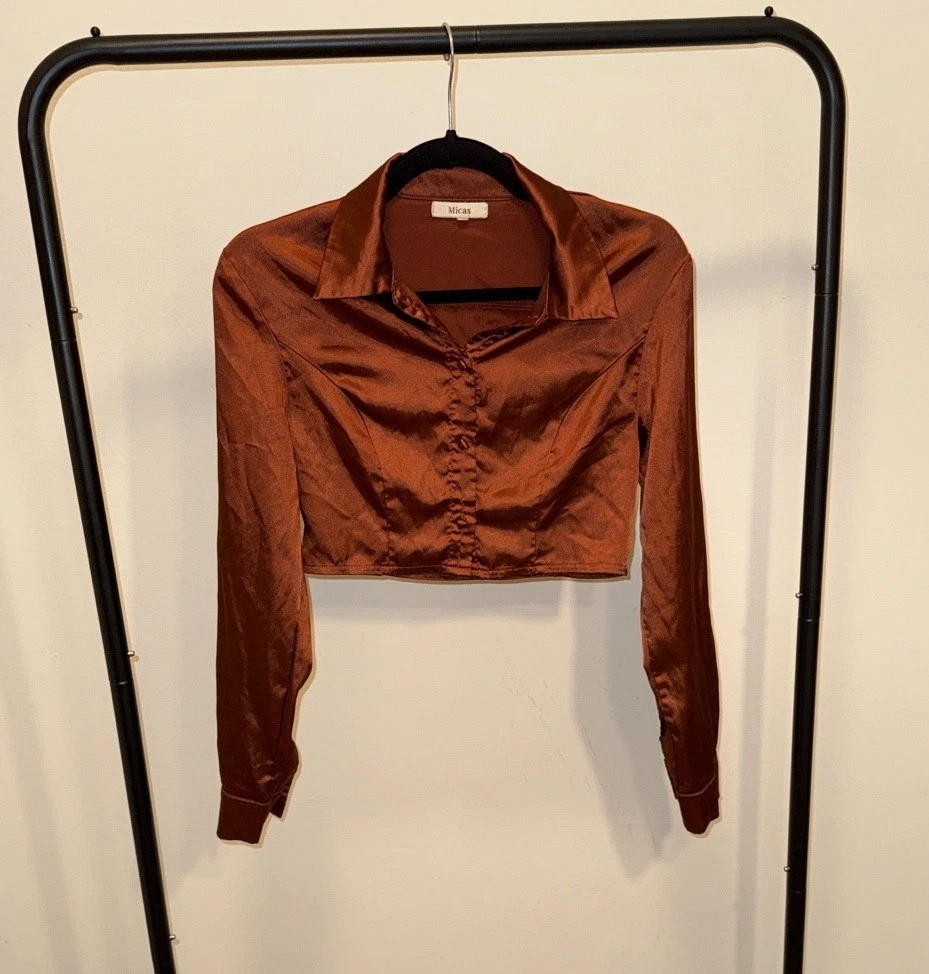 Copper Cropped Long Sleeve Satin Top - Micas - Size S