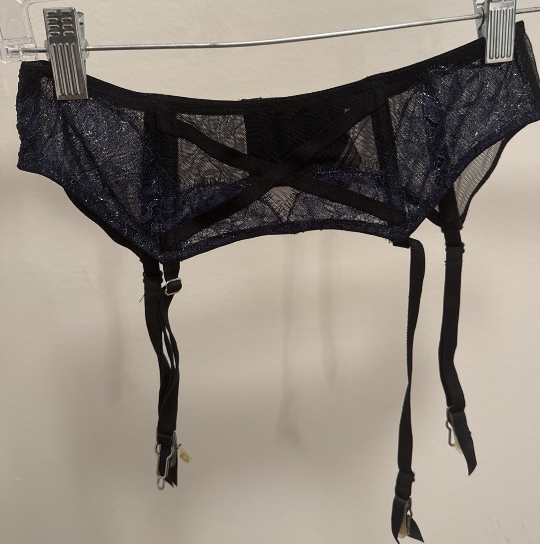Victoria's Secret Black & Sparkly Navy Garter Belt XS