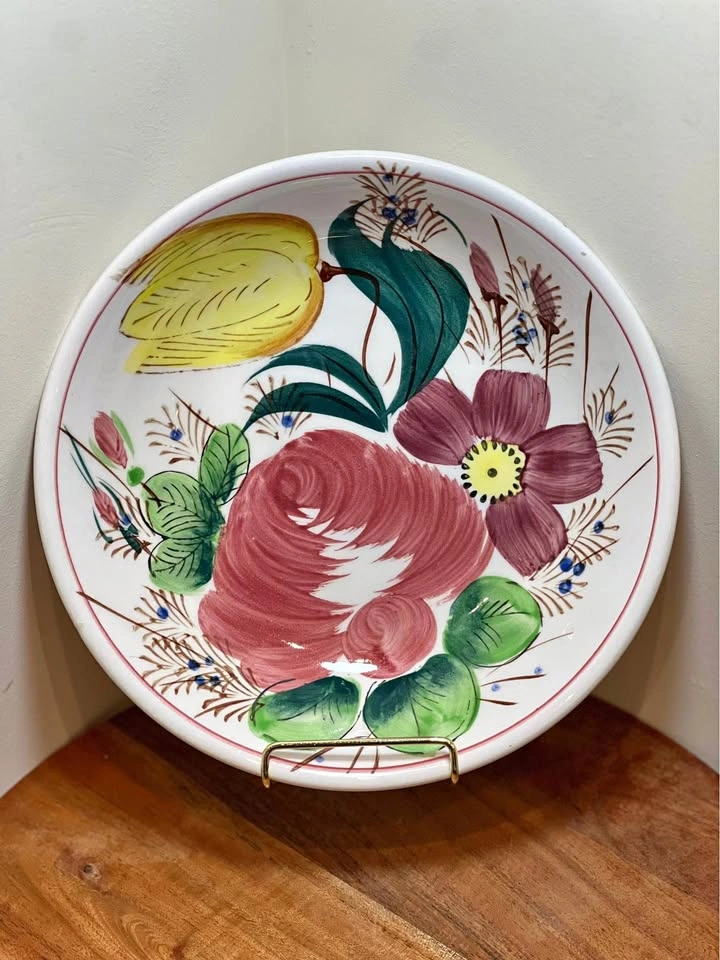 Vtg Hand-Painted Nove Rose Tulip Italian Faience Serving Bowl