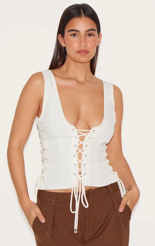 Cream Woven Lace Up Detail Plunge Sleeveless Top - photo 2