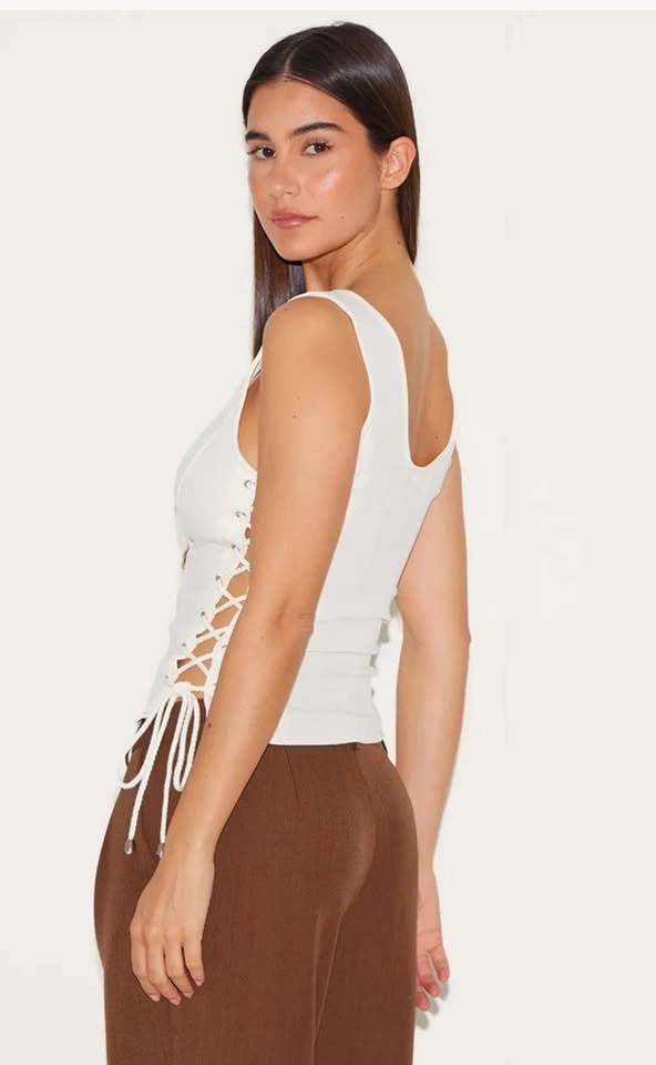 Cream Woven Lace Up Detail Plunge Sleeveless Top - photo 3