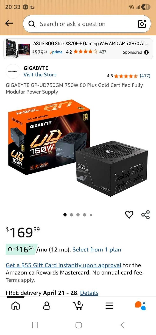 GIGABYTE GP-UD750GM 750W 80 Plus Gold Certified Fully Modular