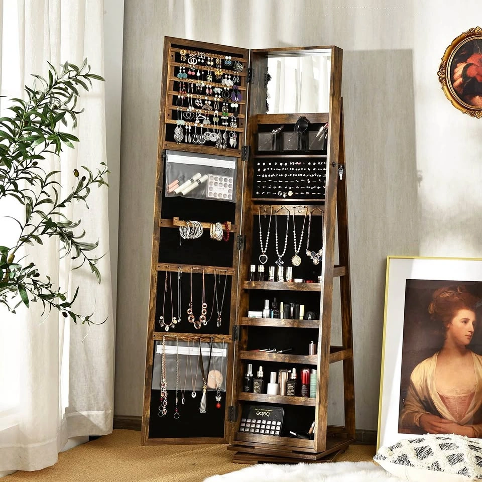 Costway Wooden Full Length Mirror Jewelry Armoire 360 Rotating L