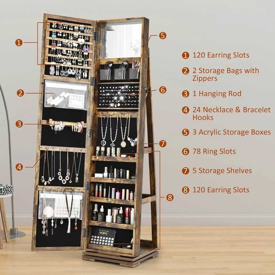 Costway Wooden Full Length Mirror Jewelry Armoire 360 Rotating L - photo 2
