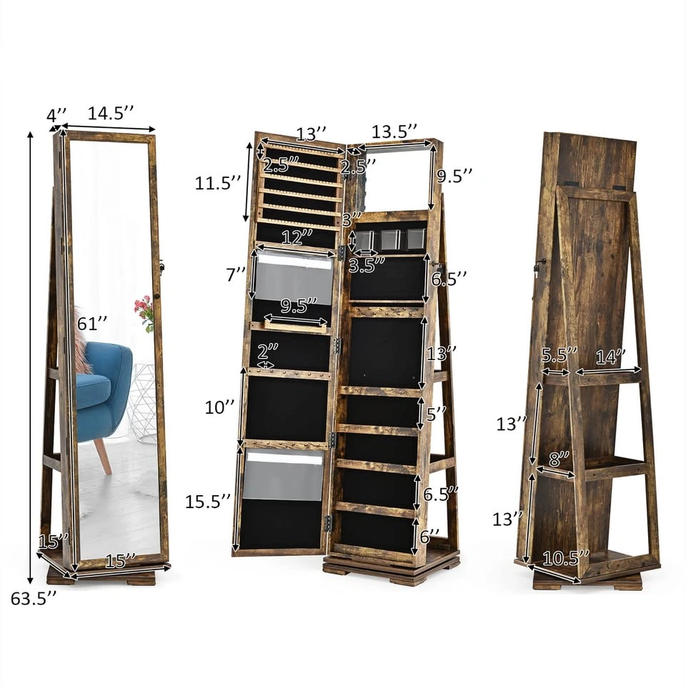 Costway Wooden Full Length Mirror Jewelry Armoire 360 Rotating L - photo 3