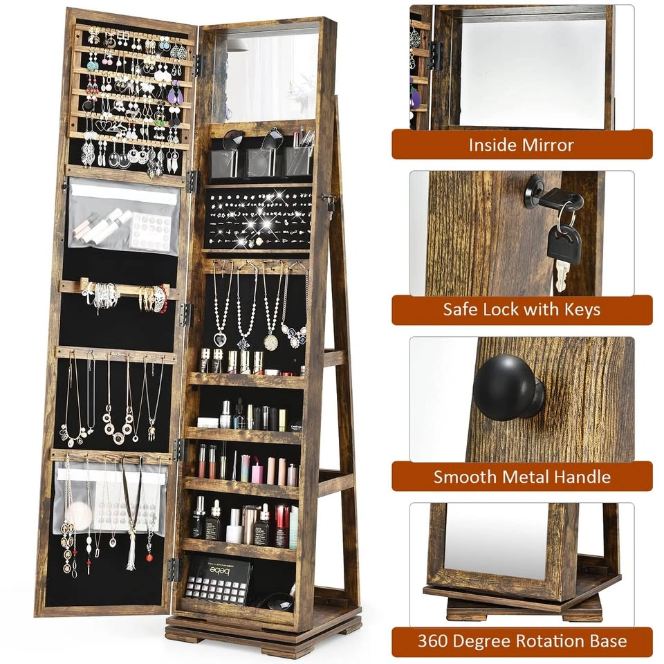 Costway Wooden Full Length Mirror Jewelry Armoire 360 Rotating L - photo 4