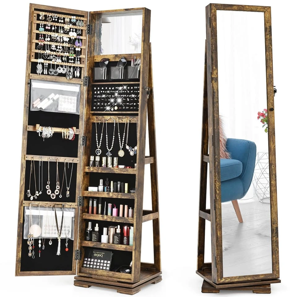 Costway Wooden Full Length Mirror Jewelry Armoire 360 Rotating L - photo 5