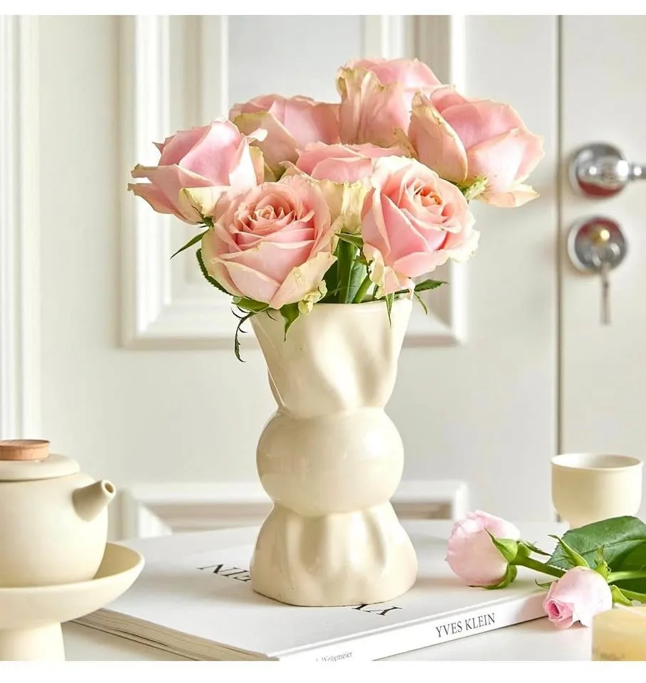Modern Cream Ceramic Vase Hourglass Shape