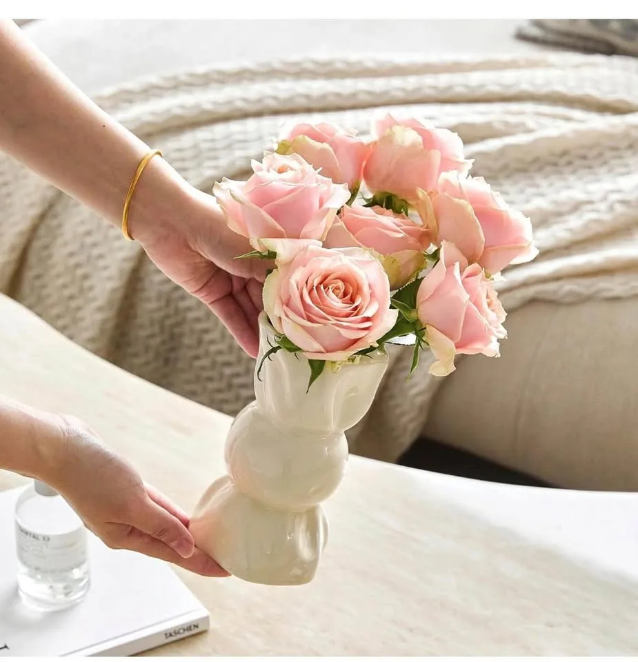 Modern Cream Ceramic Vase Hourglass Shape - photo 5