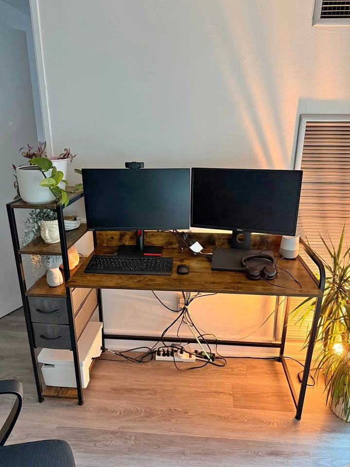 Rustic Brown Computer Desk with Side Shelves and Drawers