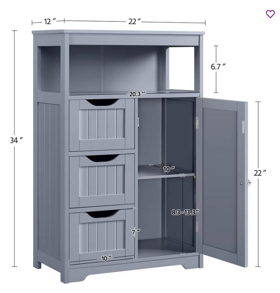Blue Grey Cabinet with Adjustable Shelf, 3 Drawers - photo 3