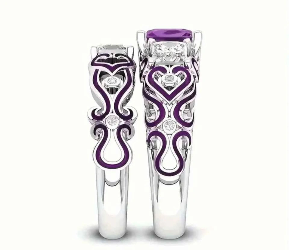 3pcs Stylish Purple Women's Zinc Alloy Ring Set, Men's Stainless - photo 3