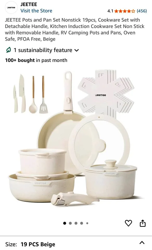 New JeeTee 19-Piece Non-Stick Cookware Set - Beige thumbnail