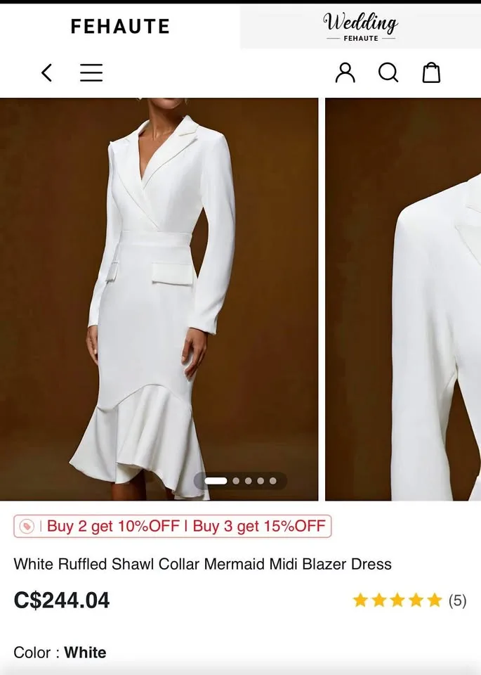 Brand New Fehaute White Ruffled Blazer Dress - XL thumbnail