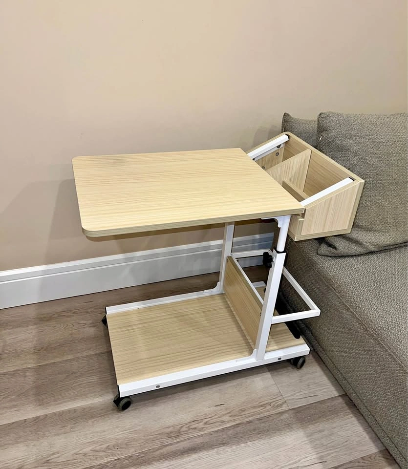 Adjustable C-Shaped Side Table with Wheels & Storage