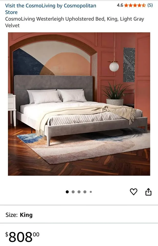 CosmoLiving Queen Bed - Light Gray Velvet (New) thumbnail