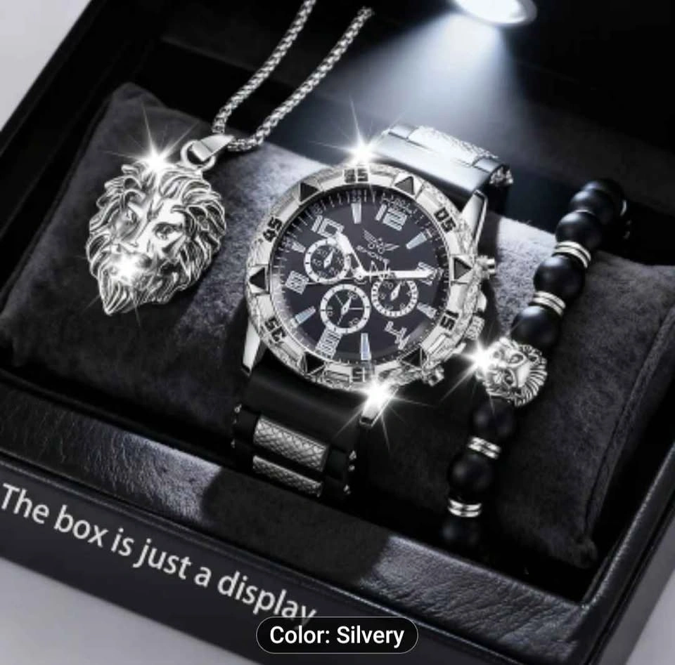 3pcs Men's Watch Set with Bracelet & Lion Head Necklace - photo 3