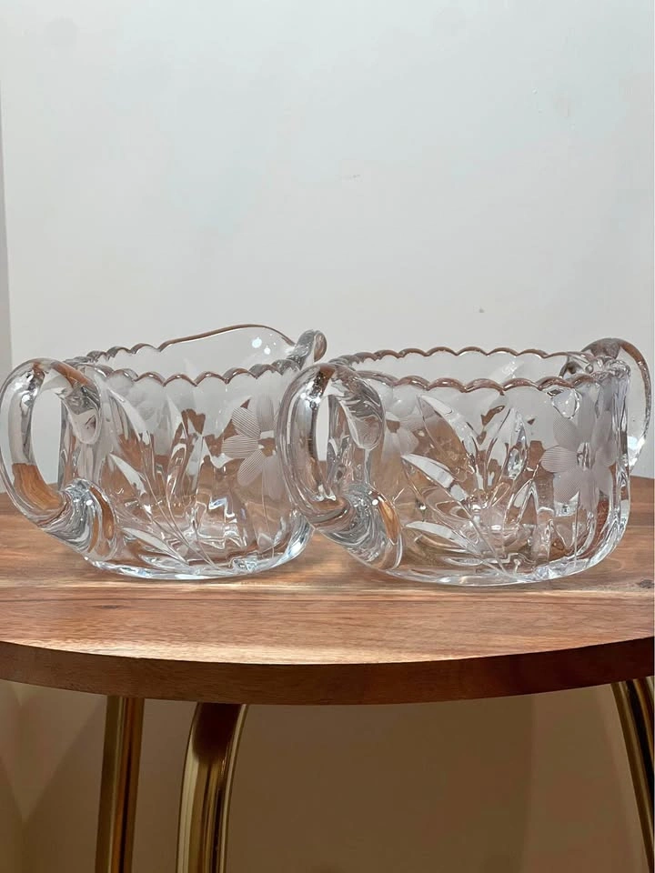Vintage Floral Etched Glass Creamer & Sugar Set EAPG ABP