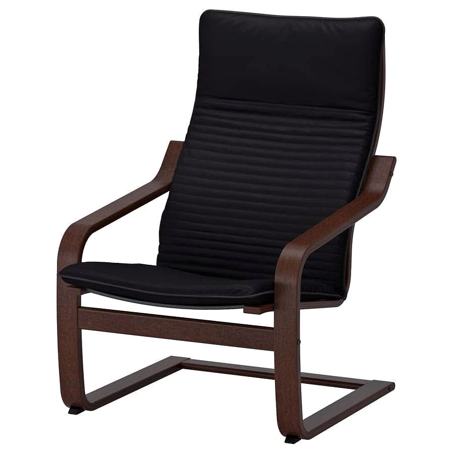 IKEA POÄNG armchair with brown frame and black cushion