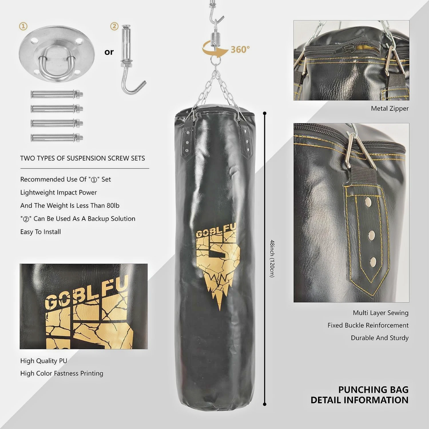 4ft PU Heavy Unfilled Boxing Bag for Adults
