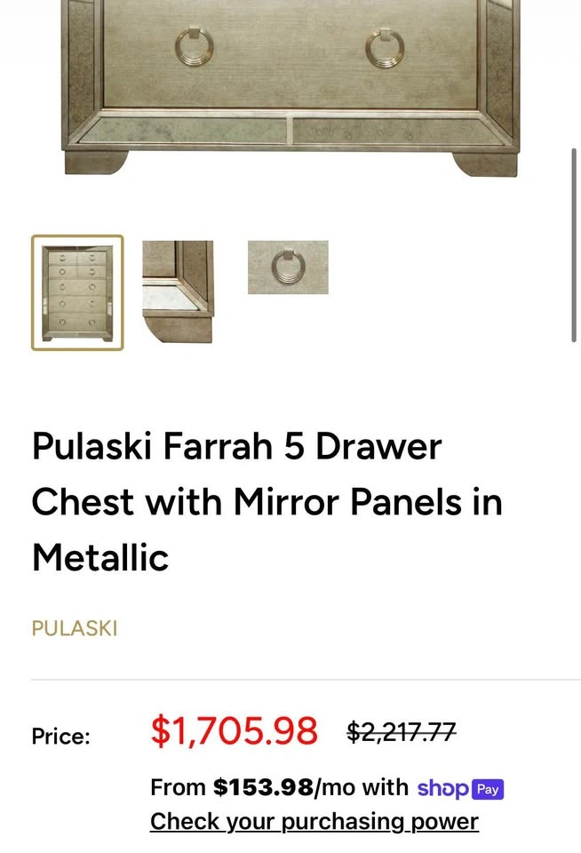 Pulaski Farrah 5-Drawer Chest / Tall Dresser – Mirrored Metallic - photo 2