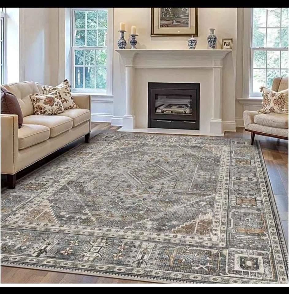 Area Rug 8x10, Machine Washable, Non-Slip, Light Gray