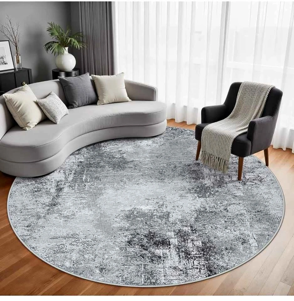 8ft Round Washable Area Rug - Grey Modern Abstract