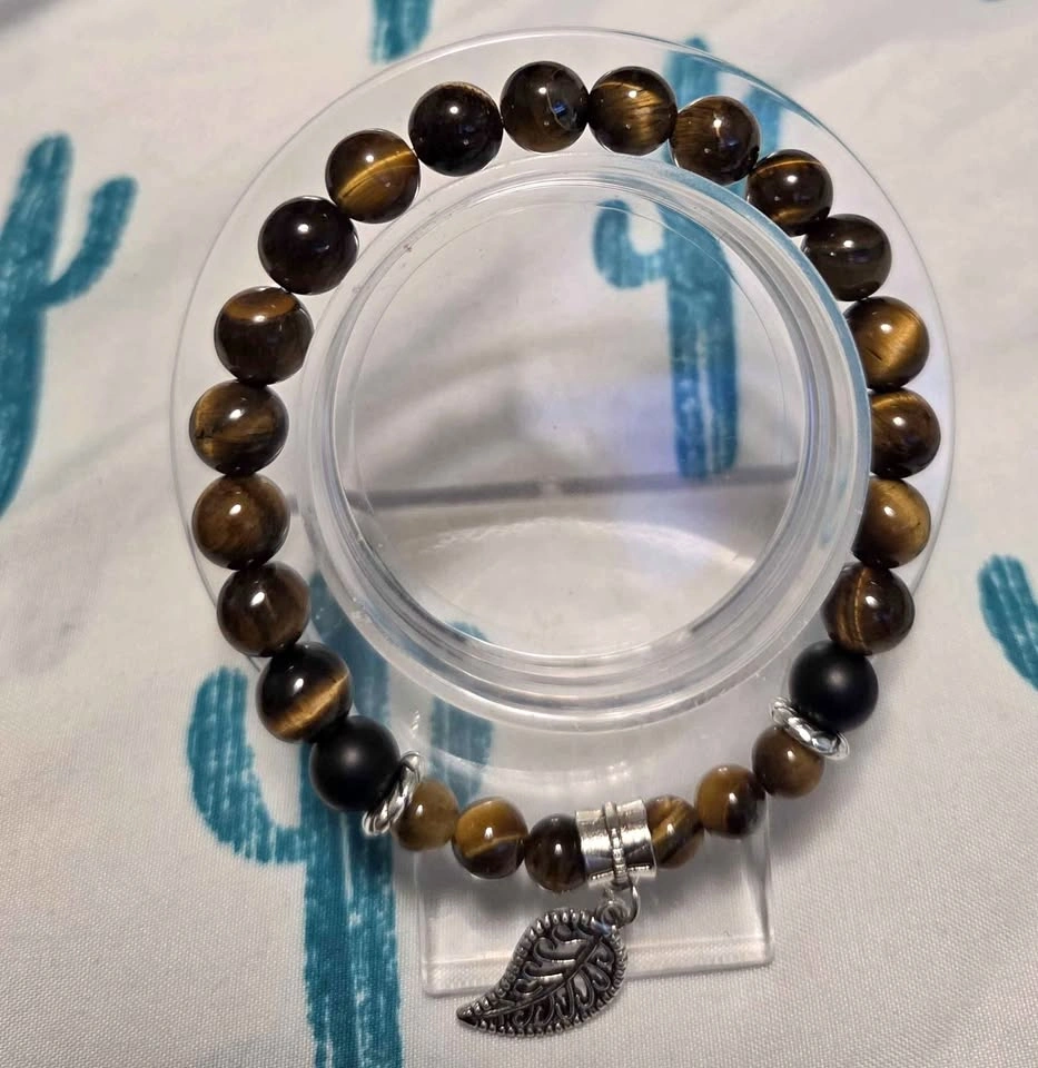 Tiger's Eye & Black Onyx Bracelet with Leaf Charm