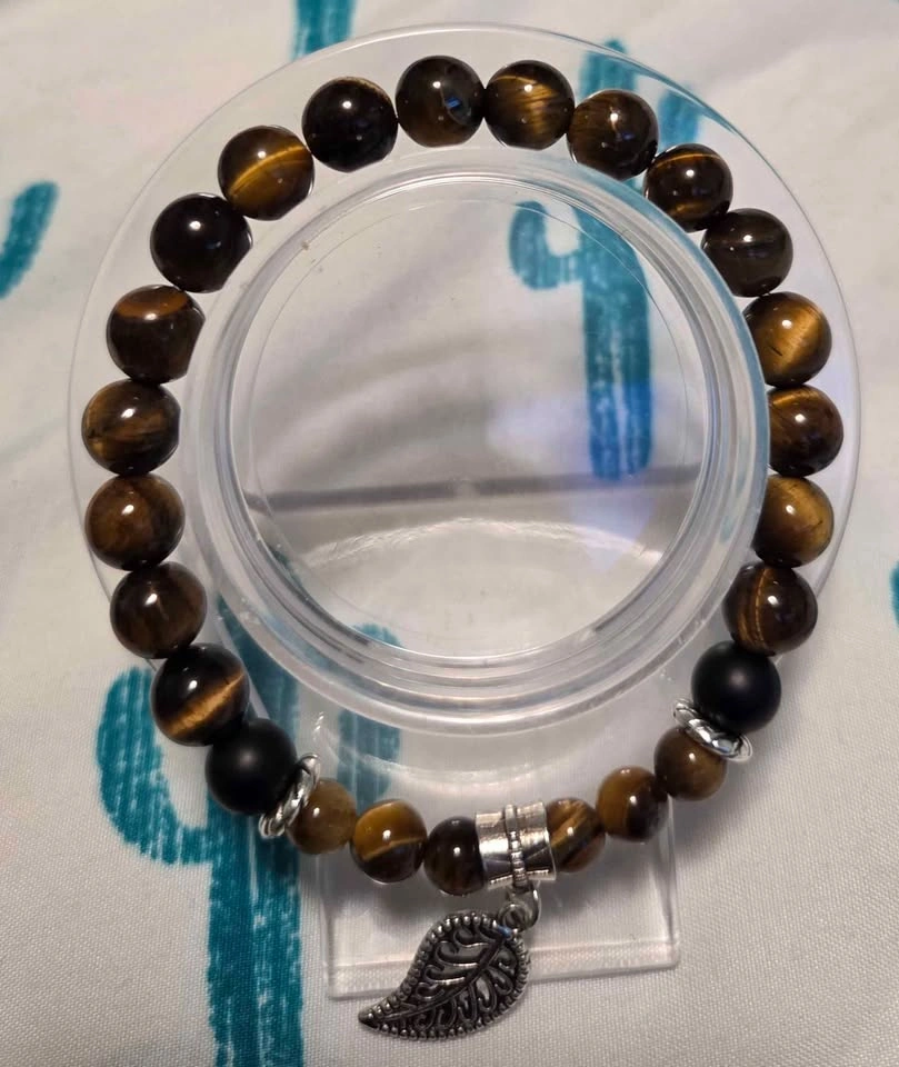 Tiger's Eye & Black Onyx Bracelet with Leaf Charm - photo 2
