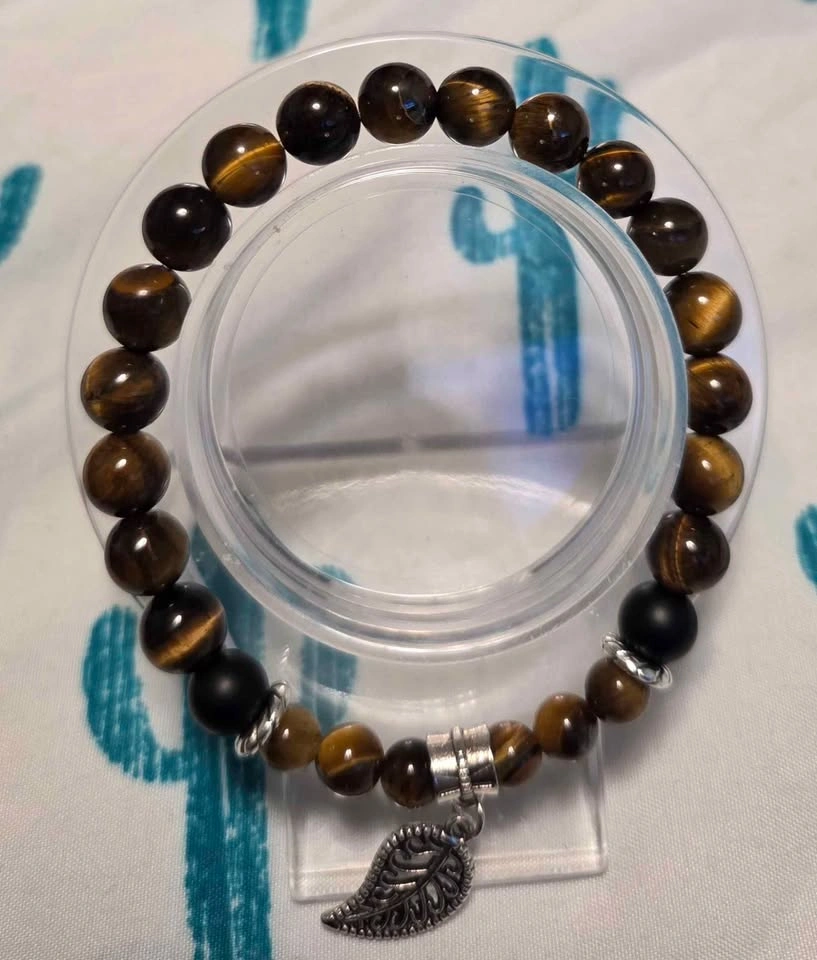Tiger's Eye & Black Onyx Bracelet with Leaf Charm - photo 3