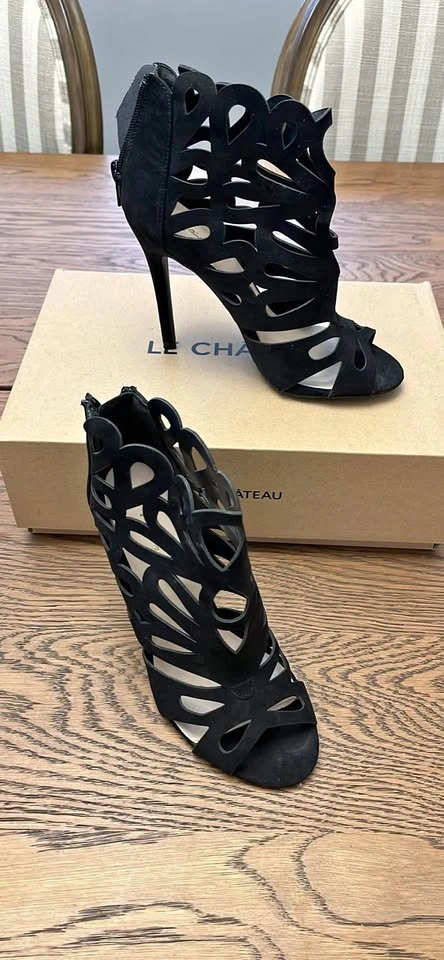 Black Laser Cut Open Toe Stiletto Booties