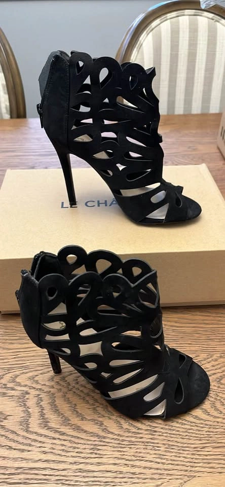 Black Laser Cut Open Toe Stiletto Booties - photo 2