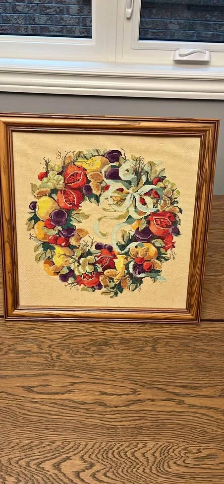 Framed Fruit Wreath Cross Stitch Art