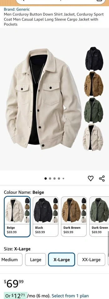 Men's Corduroy Shirt Jacket Khaki X-Large Casual